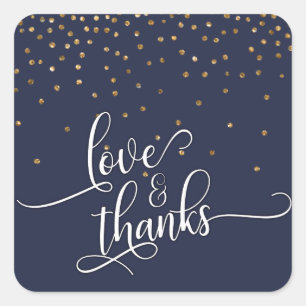 Love & Thanks Script, Gouden Confetti Middenblauw Vierkante Sticker