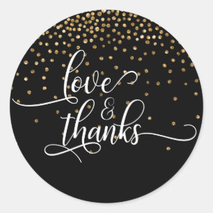 Love & Thanks Script, Gouden Confetti op Zwart Ronde Sticker