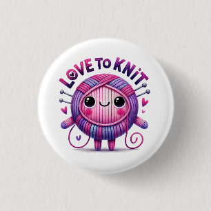 Love to Knit Quote Schattigee Roze Paarse Bal van  Ronde Button 3,2 Cm
