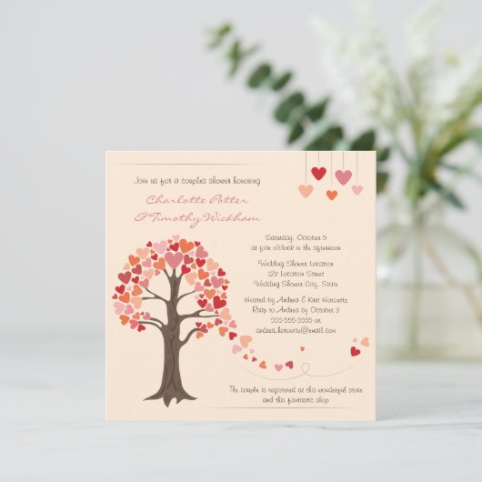 Love Tree Hearts Bruiloft Douche Uitnodiging (Staand voorkant)
