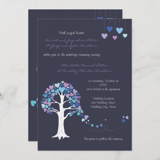Love Tree Hearts Hiver Mariage Invitation Bleu (Devant / Derrière)