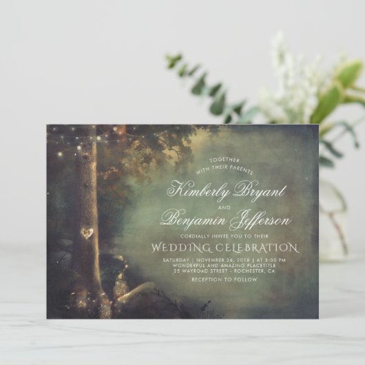 Love Tree Mason Jar Lights Rustieke Woodland Weddi Kaart (Staand voorkant)