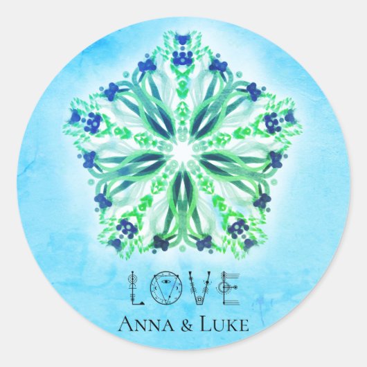 *~* LOVE Turquoise Paarse Ster Mandala Ronde Sticker (Voorkant)