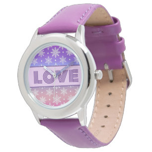 LOVE Typografie Snowflakes Paars Horloge