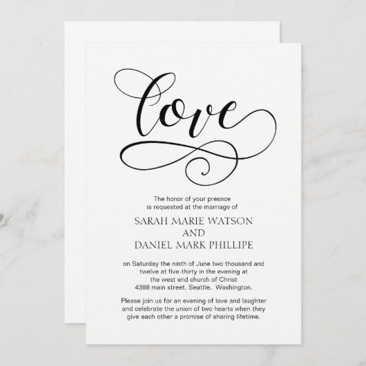 Love Typographie Mariage Élégant Script Invitation (Devant / Derrière)