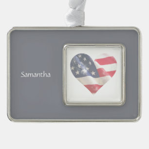Love USA American Heart Flag Custom Name Verzilverd Kader Ornament