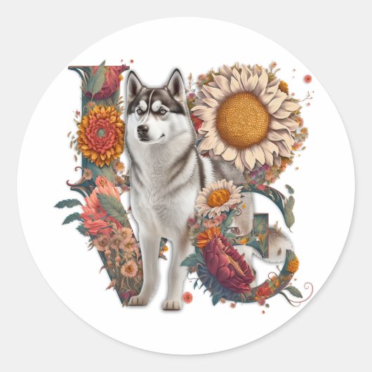 LOVE van Husky Sunflower Wilde Ronde Sticker (Voorkant)