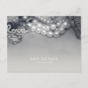 Love Vintage Glam Zwart & Witte Parels Bruiloft Aankondigingskaart