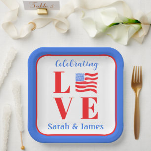 LOVE Watercolor Amerikaanse Vlag NAAM Bruiloft  Papieren Bordje