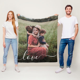 Love White Script Photo Overlay Fleece Deken