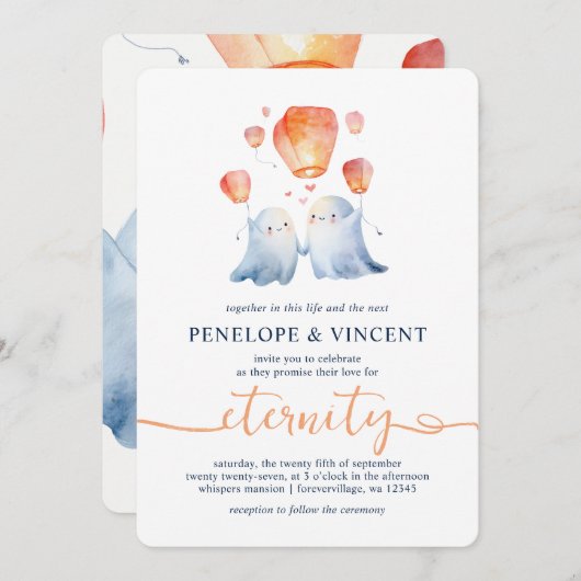 Love Wish Lanterns et Ghosts Faire-part de mariage (Devant / Derrière)