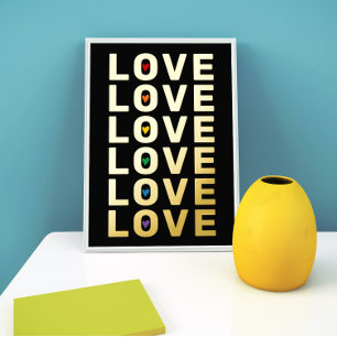 "LOVE" woord, harten in regenboogkleuren zwart gou Folie Afdrukken