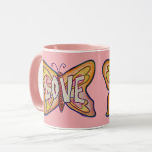 Love Word Art rose Papillon Ailes Coffee Mug Cup