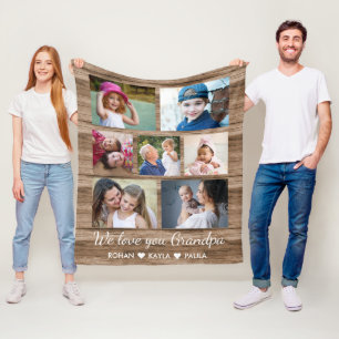 Love You Grandpa Rustic Wood 7 Photo Collage Fleece Deken