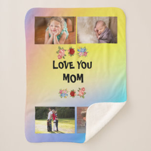 Love You, Mam Rozen Roze geel blauw en 4 foto's Sherpa Deken