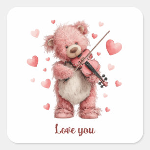 Love You Teddy met Viool Vierkante Sticker