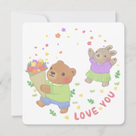 Love You: Teddybeer en konijn met bloemen Feestdagenkaart
