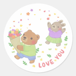 Love You: Teddybeer en konijn met bloemen Ronde Sticker