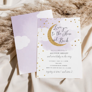 Love You to the Moon Gold Stars Paarse Baby shower Kaart