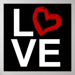 LOVE, zwart en wit met rood kettinghart Poster