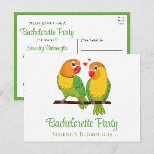 Lovebird Geel Groen Tortelduifjes Bachelorette Uitnodiging Briefkaart (Voorkant / Achterkant)