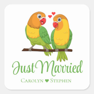 Lovebird geel Tortelduifjes net getrouwd bruiloft Vierkante Sticker