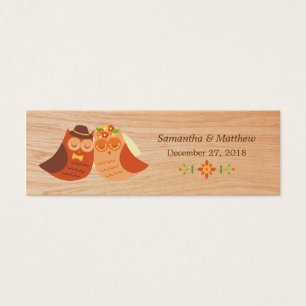 Lovebird Owls on Wood Skinny Wedding Favor Tags