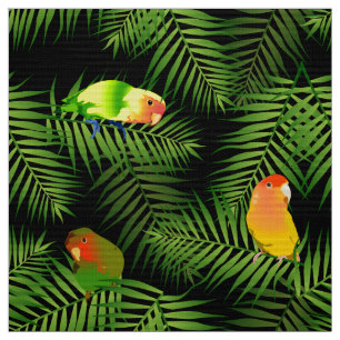 Lovebird Parrot Green Palm Leaf Bird Pattern Black Stof