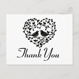 Lovebirds Dank u zwart en wit bloemenhart Briefkaart