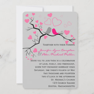 Lovebirds & Hearts rose, gris Faire-part de mariag