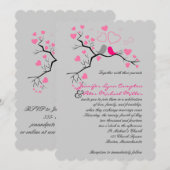 Lovebirds & Hearts rose, gris Faire-part de mariag (Devant / Derrière)