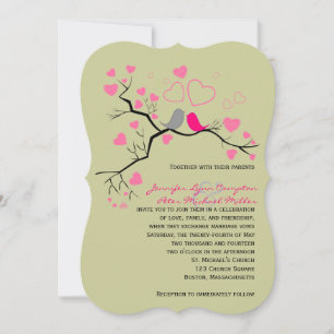 Lovebirds & Hearts rose, gris Faire-part de mariag