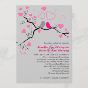 Lovebirds & Hearts roses, gris Faire-part de maria