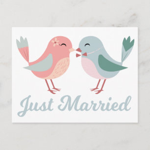 Lovebirds Pink & Blue Just Married Wedding Aankondigingskaart