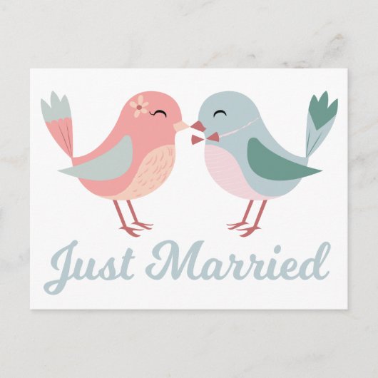 Lovebirds Pink & Blue Just Married Wedding Aankondigingskaart (Voorkant)