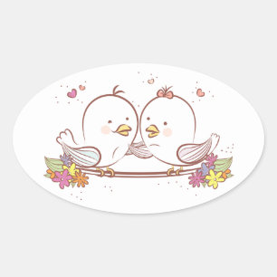 Lovebirds roze en bruin bruiloft liefde ovale sticker