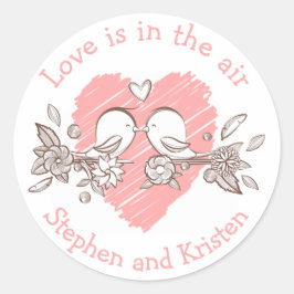 Lovebirds Roze Hart Bruiloft Gepersonaliseerde Lie Ronde Sticker