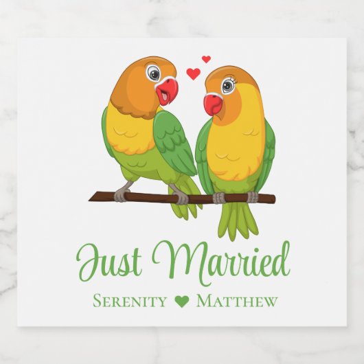 Lovebirds Tortelduifjes Bruiloft Gewoon Getrouwd Sparkling Wijnetiket (Enkel label)
