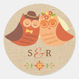 Lovebirds Uil op Burlap Wedding Sticker