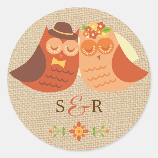 Lovebirds Uil op Burlap Wedding Sticker (Voorkant)