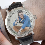Loved Beyond Words Remembrance Photo Watch<br><div class="desc">Montre photo du souvenir (ou personnalisez-vous pour tout ce que vous voulez). Le modèle est configuré pour que vous puissiez ajouter votre propre photo et vous pouvez également modifier tout le texte si vous le souhaitez. Le libellé est placé sur une bordure semi-transparente superposée au-dessus de votre photo. L'exemple de...</div>