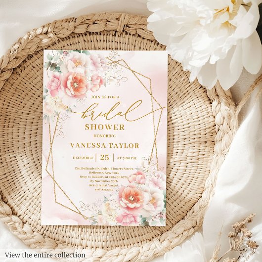 Lovely Boho Blush Gold Frame Roses Bridal Shower Kaart
