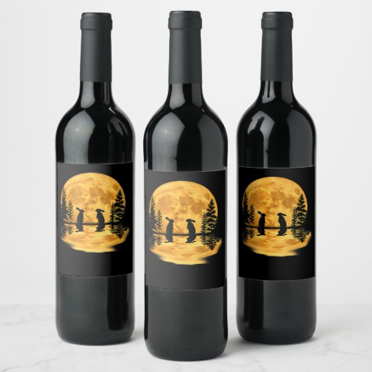 Lovely Bunny Rabbit Rabbits Moon Night Sky Wijn Etiket (Flessen)