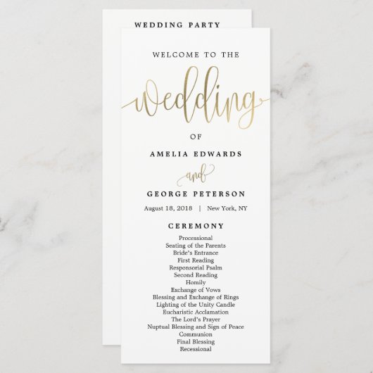 Lovely Calligraphie Programme de mariage Faux Gold (Devant / Derrière)