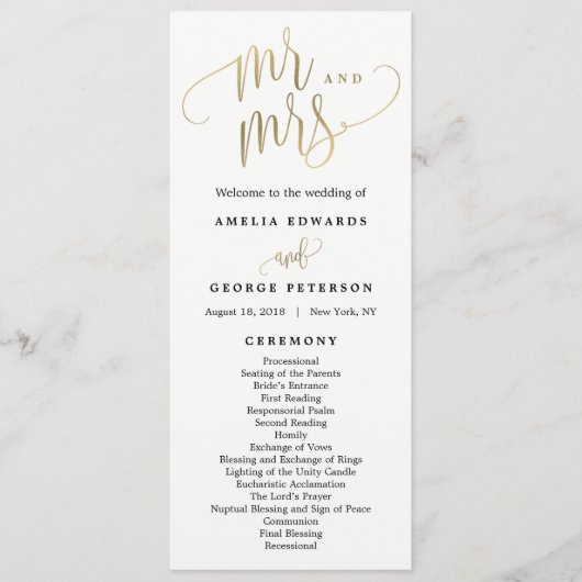 Lovely Calligraphie Programme de mariage Faux Gold (Devant)