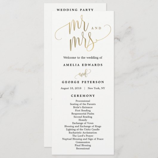 Lovely Calligraphie Programme de mariage Faux Gold (Devant / Derrière)