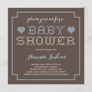 Lovely Cross Stitch Baby shower Uitnodiging - blau