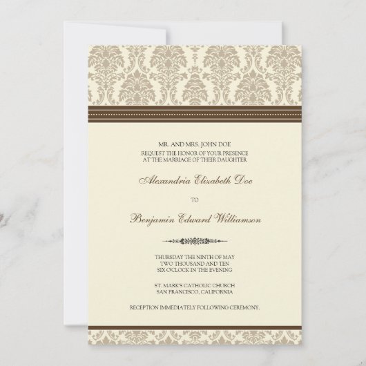 Lovely Damask Wedding Invitation (chocolade/crème) Kaart (Voorkant)