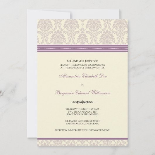Lovely Damask Wedding Invitation (lila/crème) Kaart (Voorkant)