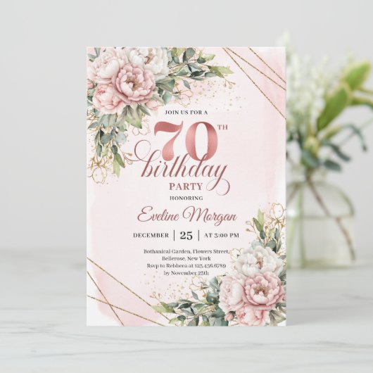 Lovely Dusty Pink Boho Floral 70th Birthday Invite Kaart (Staand voorkant)
